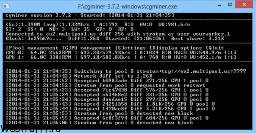 добыча криптовалют с помощью CGMiner